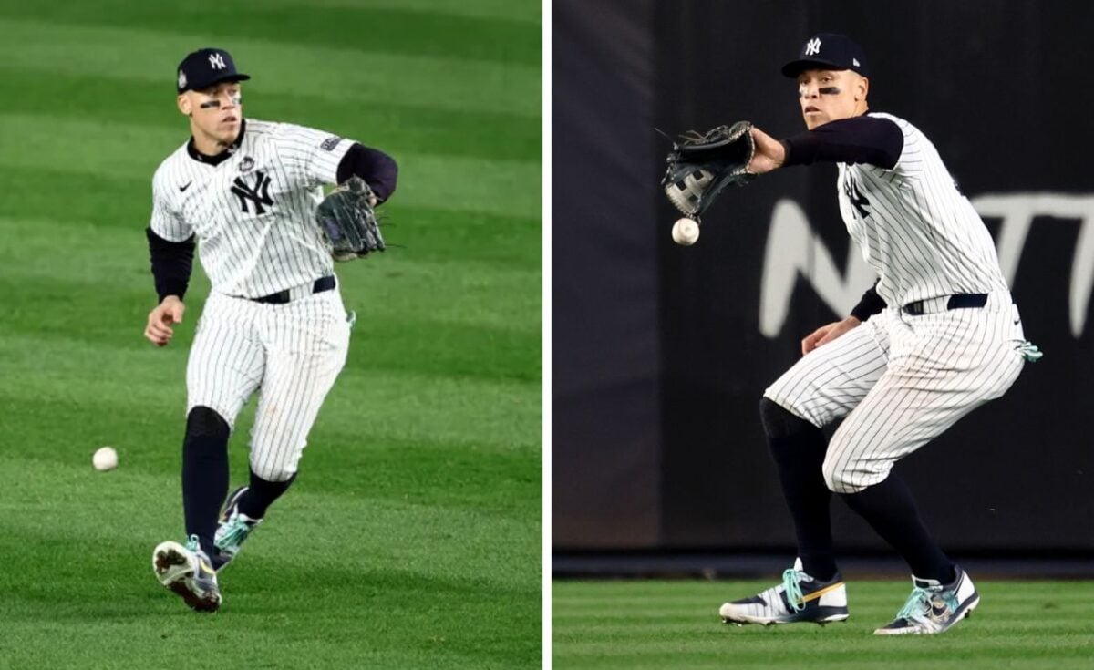 Game 5, Oct. 30, 2024: New York Yankees outfielder Aaron Judge commits a fielding error in the fifth inning of the World Series against the Los Angeles Dodgers at Yankee Stadium.