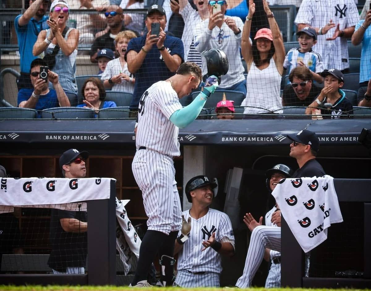 Yankees' Aaron Judge reacts to a curtain call at Yankee Stadium on August 26, 2024.