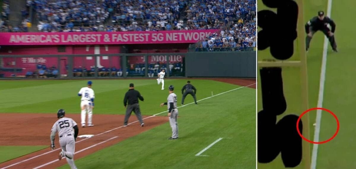 Umpire's controversial foul call deprives Yankees RBI double vs. the Royals in Kansas City on Oct 10, 2024.