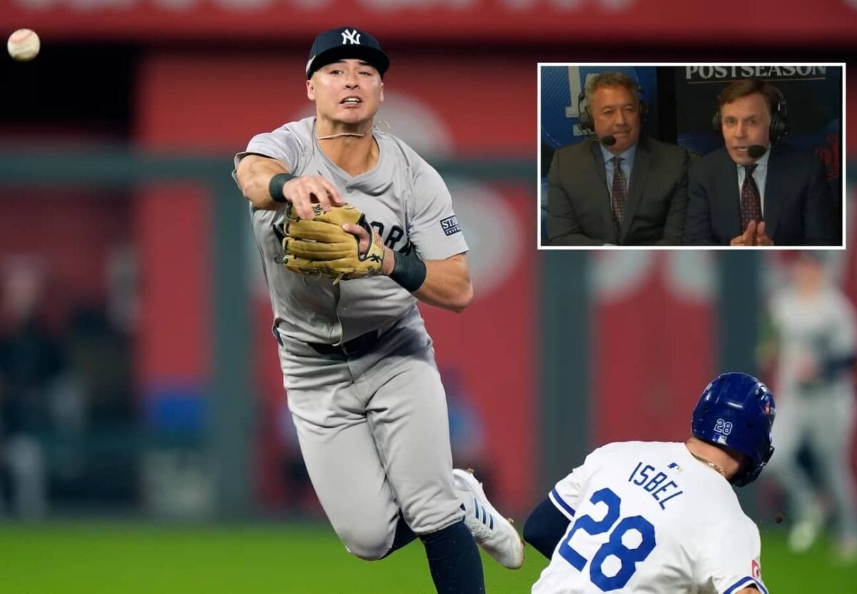 Yankees' shortstop Anthony Volpe makes a throw during the 3-2 win over the Royals at Kauffman Stadium, October 9, 2024. Inset: broadcasters Ron Darling and Bob Costas.