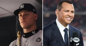 Aaron Judge, Yankees outfielder, photographed at the team’s media day in October 2024, preparing for the World Series (left); Alex Rodriguez appearing on an MLB broadcast on Fox in 2024 (right).