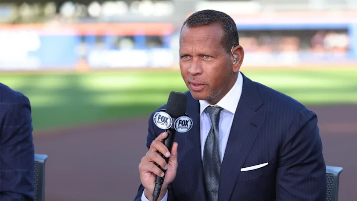 Yankees legend Alex Rodriguez appearing on an MLB broadcast on Fox in 2024 (right).