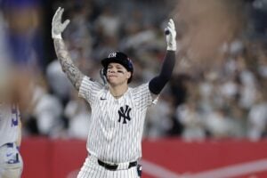 Alex Verdugo reacts during the Yankees win on October 05, 2024