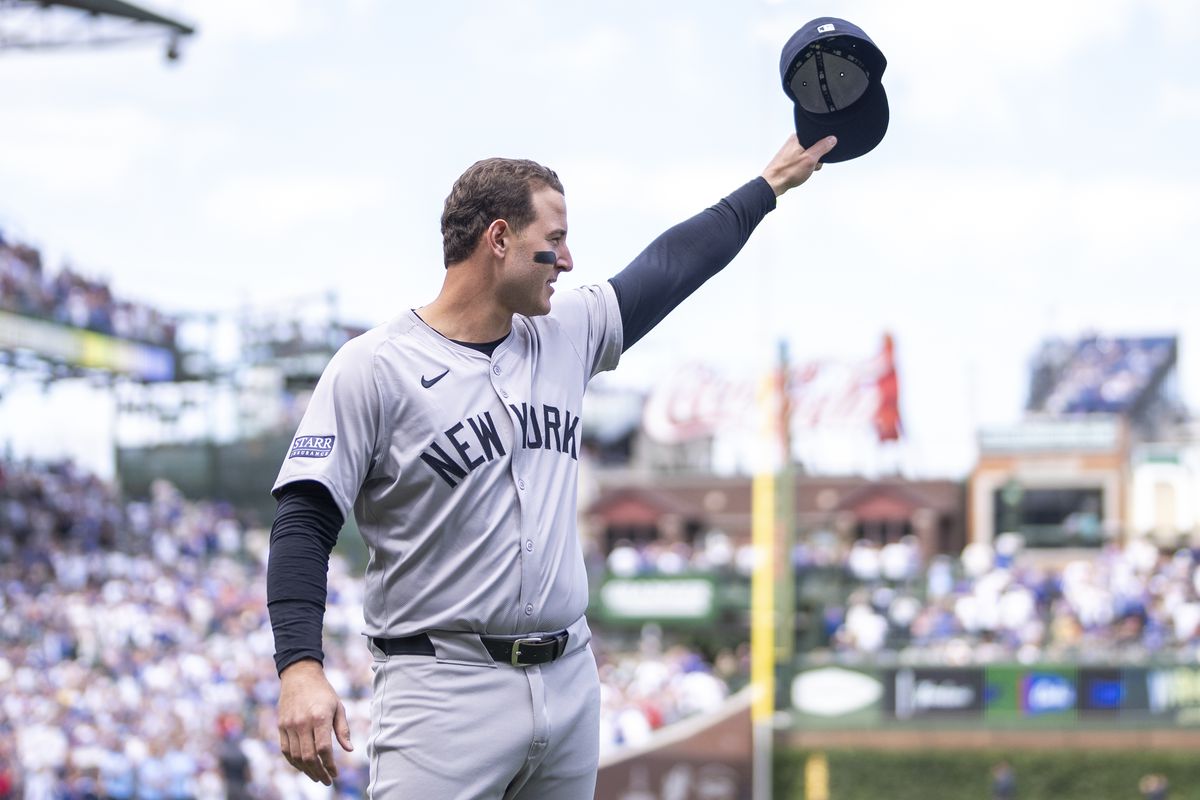 Anthony Rizzo, Yankees first baseman, being honored by the Chicago Cubs at Wrigley Field in September 2024.