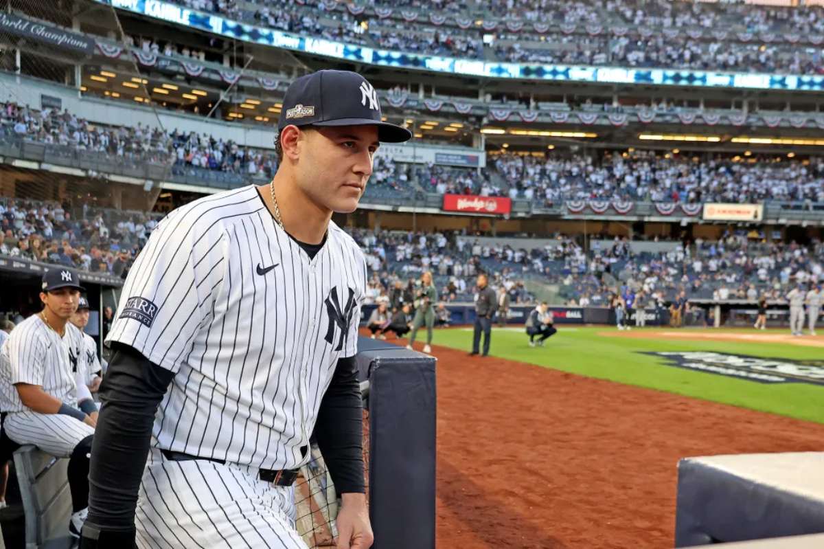 Anthony Rizzo, Yankees first baseman, walks onto the field during player introductions on October 5, 2024, at Yankee Stadium