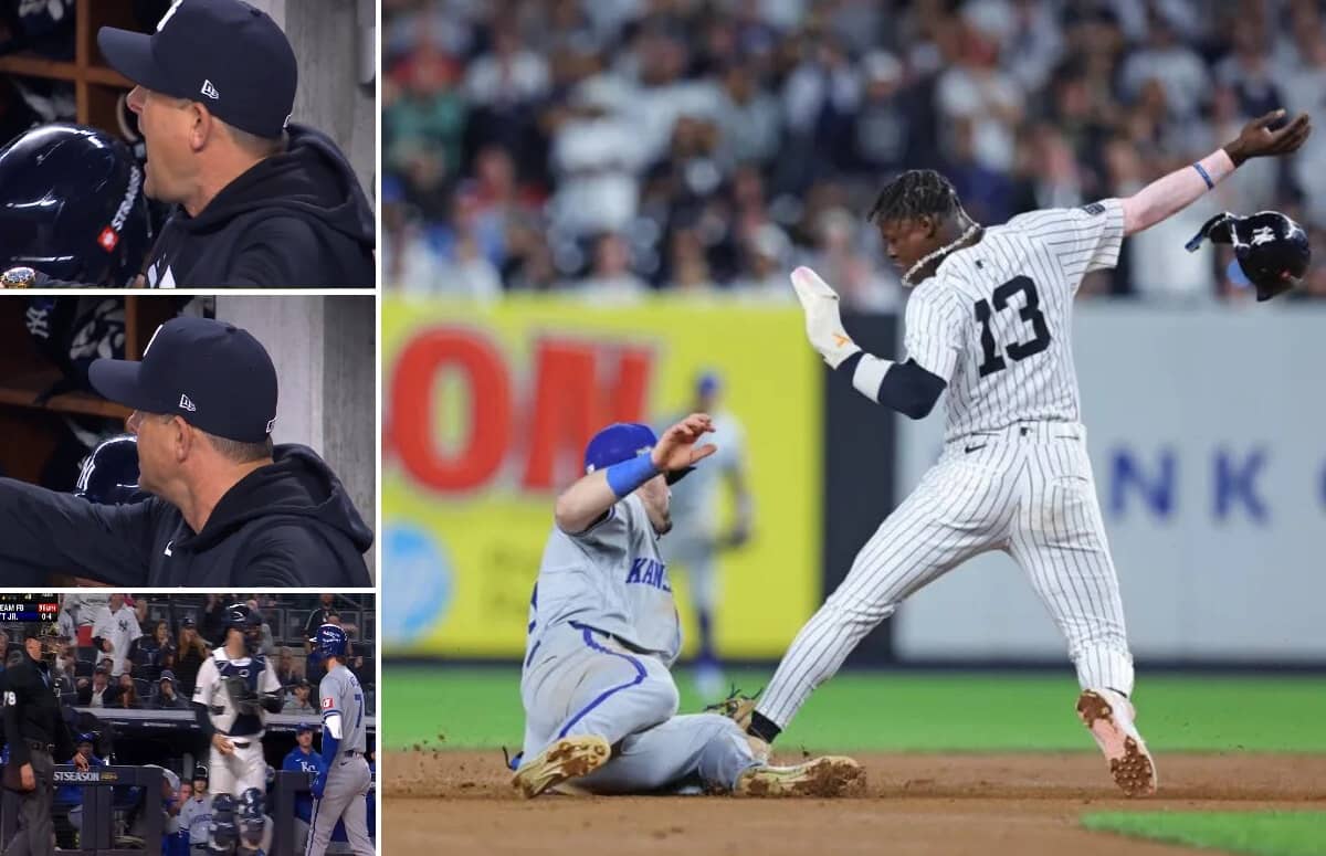 Aaron Boone shouts, Jazz Chisholm steals home plate, and Bobby Witt Jr. argues with umpire in the Yankees' 6-5 win over the Royals in New York on Oct. 5, 2024.