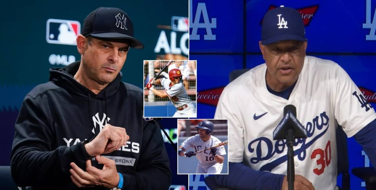 Yankees manager Aaron Boone and Dodgers and manager Dave Roberts in 2024. Inset. both were during their ULCA days,