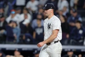 Yankees starter Carlos Rodon reacts after giving up three runs in the fourth inning against the Royals on Oct. 7, 2024.Yankees starter Carlos Rodon reacts after giving up three runs in the fourth inning against the Royals on Oct. 7, 2024