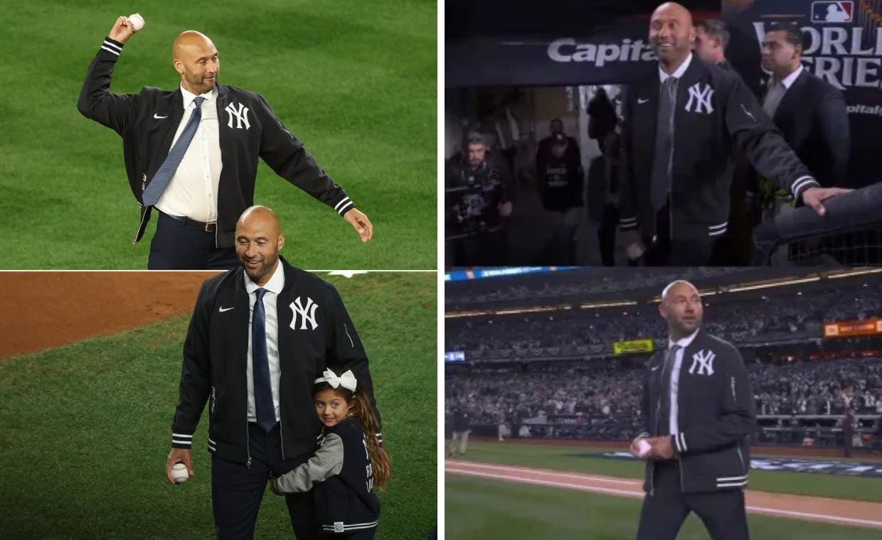 Derek Jeter, New York Yankees legend, threw the ceremonial first pitch at Yankee Stadium on October 28, before Game 3 of the World Series, greeted by a standing ovation from fans