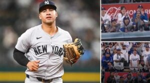 Collage featuring Yankees' Gleyber Torres and moments from the Dodgers fan interference on his home run