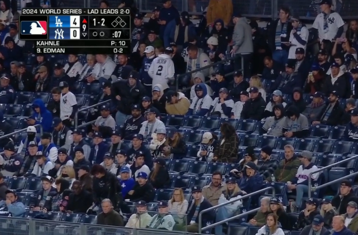 Yankees fans begin to exit Yankee Stadium during the ninth inning on October 28, 2024, as the team trails 2-4 against the Dodgers in World Series Game 3