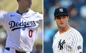 "Jack Flaherty, chosen by the Dodgers to pitch Game 1 of the 2024 World Series (on the left), and Yankees' Gerrit Cole on the righ