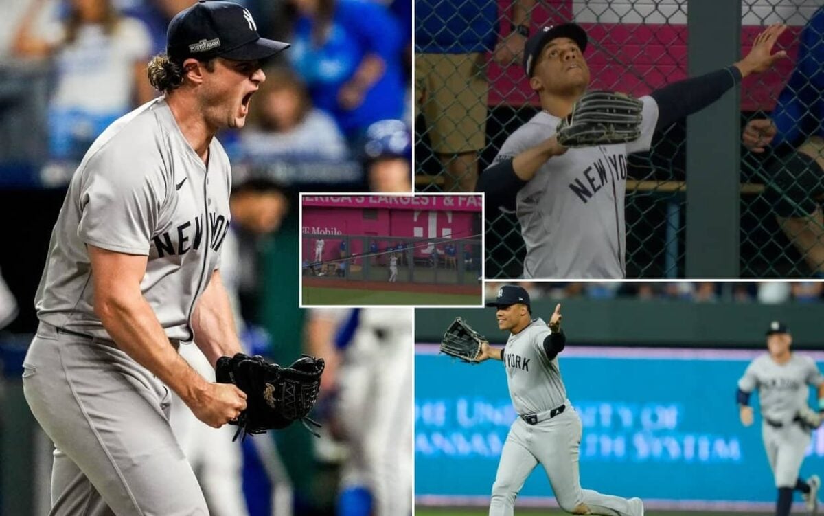 Yankees' Gerrit Cole reacts as Juan Soto caught a potential homer in the team's ALDS win over the Royals at Kauffman Stadium on October 10, 2024.