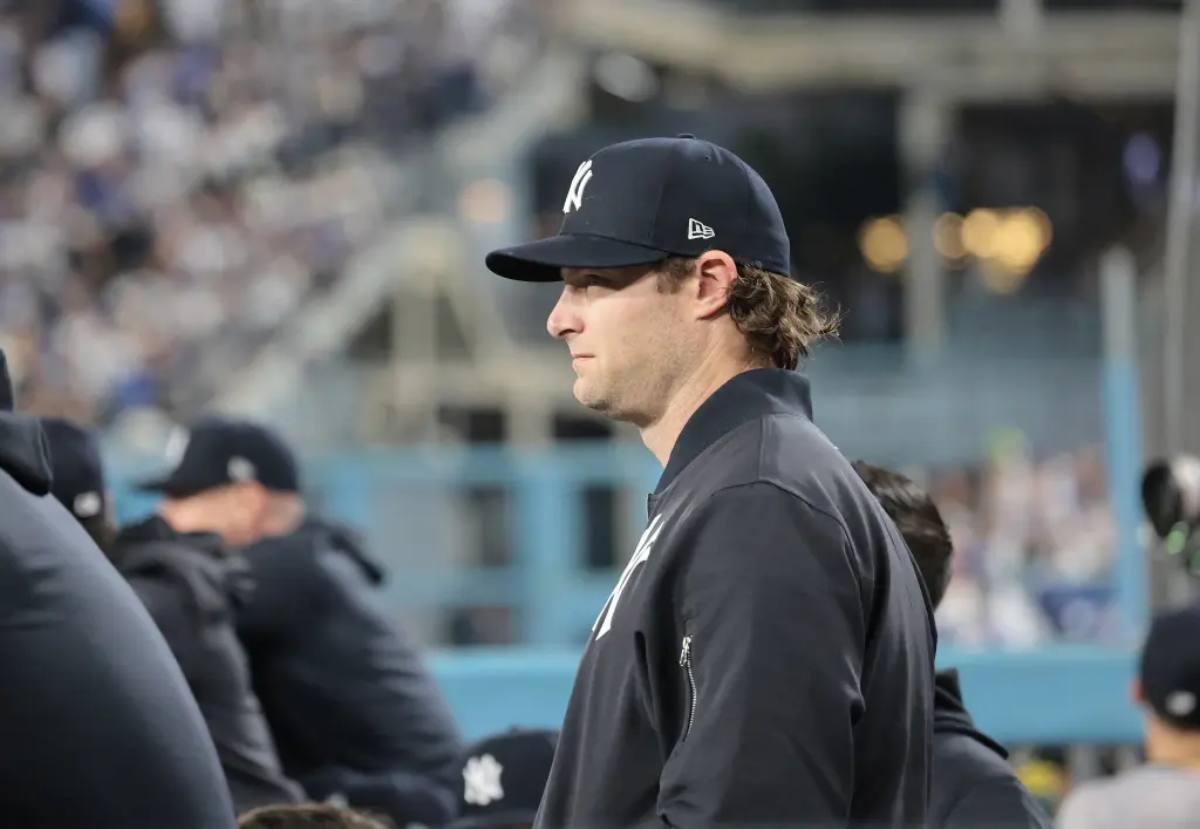 Gerrit Cole looks on during the Yankees-Dodgers game on Oct. 26, 2024. 3 Gerrit Cole looks on during the Yankees-Dodgers game on Oct. 26, 2024.