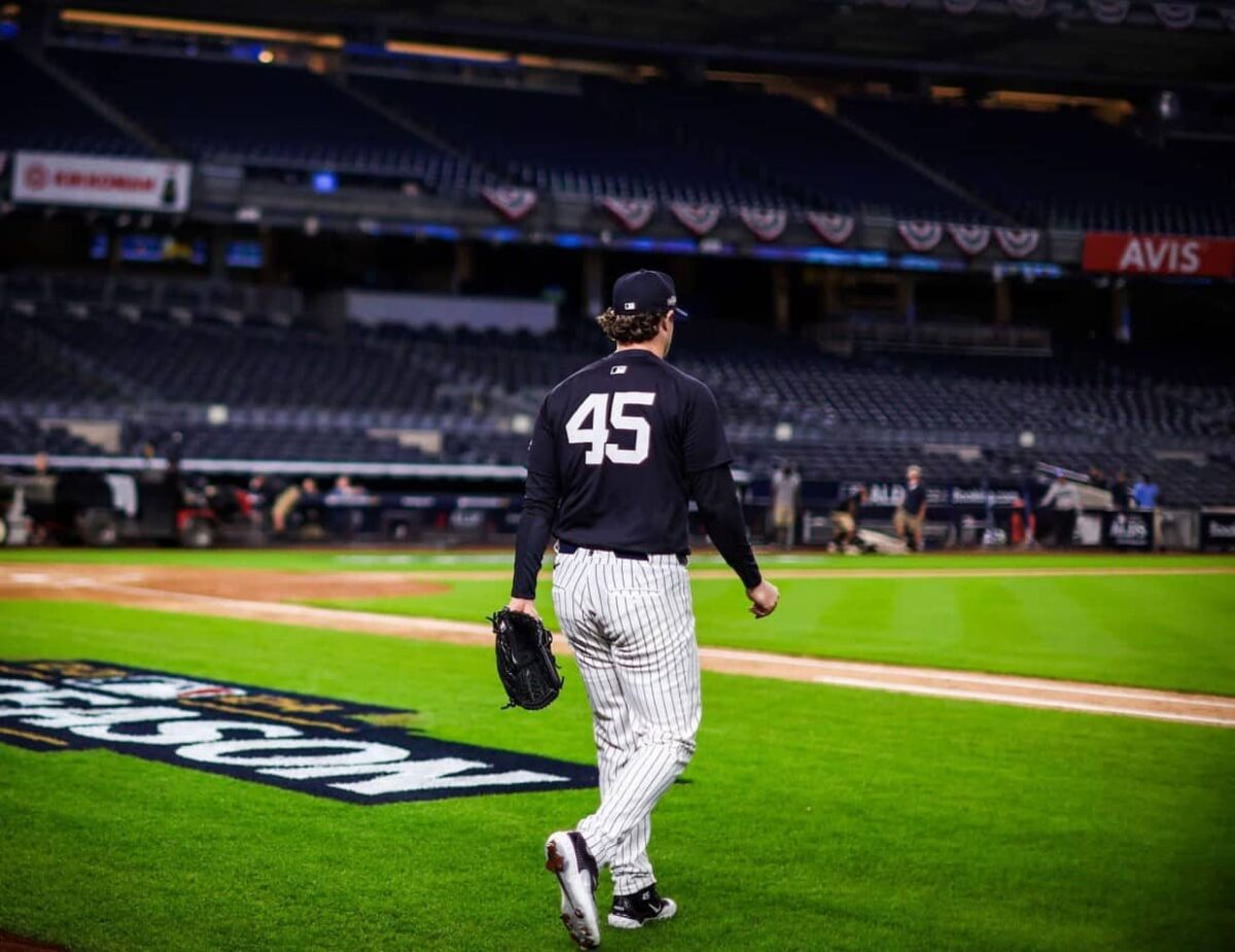 The New York Yankees' Gerrit Cole enters the Yankee Stadium for practice ahead of their playoff. Yankees Stadium, Oct. 1, 2024.