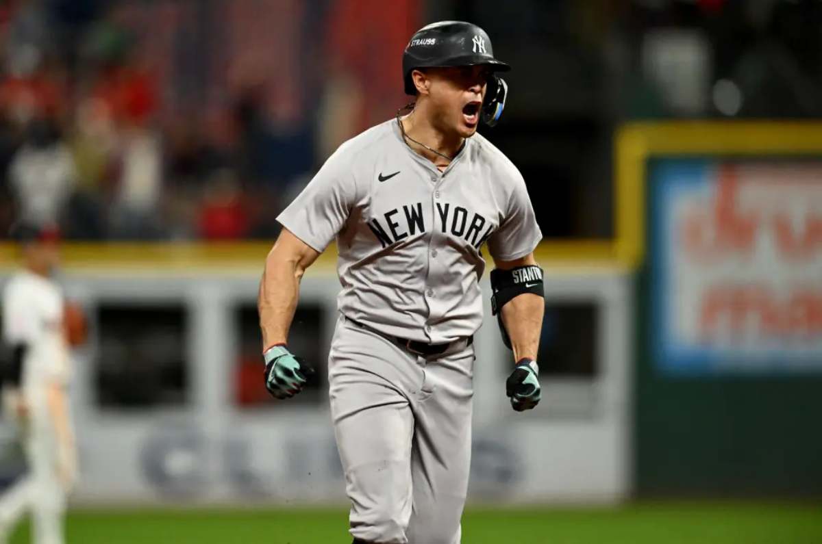 On Oct. 17, 2024, New York Yankees designated hitter Giancarlo Stanton (27) celebrates after hitting a home run during the eighth inning against the Cleveland Guardians in game 3 of the American League Championship Series at Progressive Field.