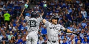 Giancarlo Stanton celebrating during the Yankees' win over the Royals on October 9, 2024.