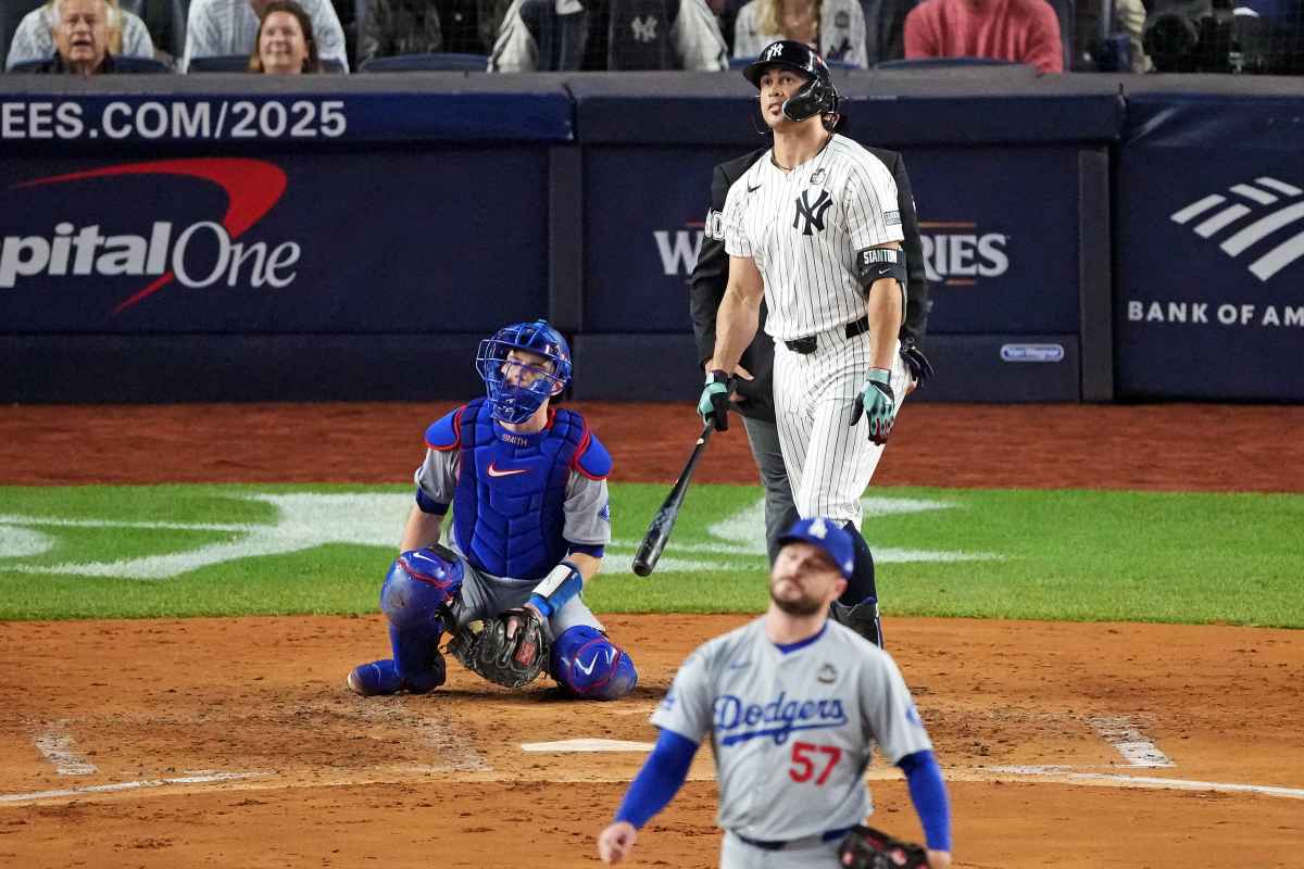 Game 5, Oct. 30, 2024: Yankees' Giancarlo Stanton watches his throw sail off target during the World Series against the Dodgers at Yankee Stadium.