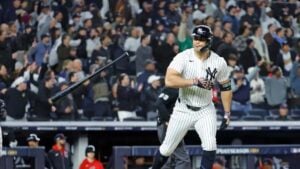 Giancarlo Stanton launched a towering 439-foot home run in the 5th inning, giving the Yankees a 5-1 lead in their 5-2 victory on October 14, 2024.