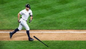 Giancarlo Stanton rounds the bases after launching a 439-foot home run in the 5th inning, extending the Yankees' lead to 5-1 in their 5-2 victory on October 14, 2024