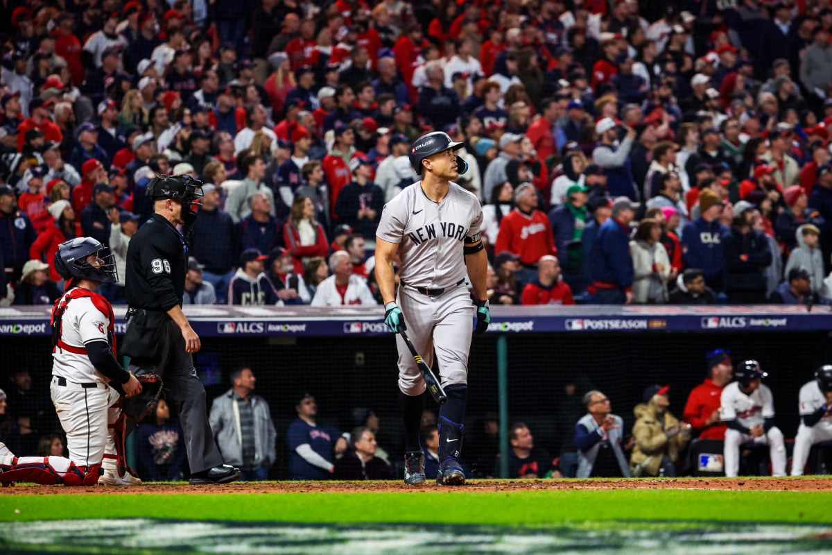 Yankees' Giancarlo Stanton after hitting a home run against the Guardians in Game 4 of the ALCS on October 18, 2024.