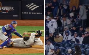 Giancarlo Stanton during Game 3 against the Dodgers on October 28, 2024 (left). Yankees fans leaving Yankee Stadium during the ninth inning as the team trails 2-4 against the Dodgers in World Series Game 3 (right)