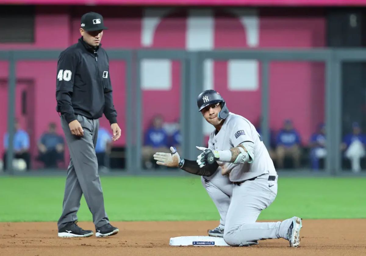 Gleyber Torres3Gleyber Torres celebrates his first-inning double, on Oct. 10, 2024