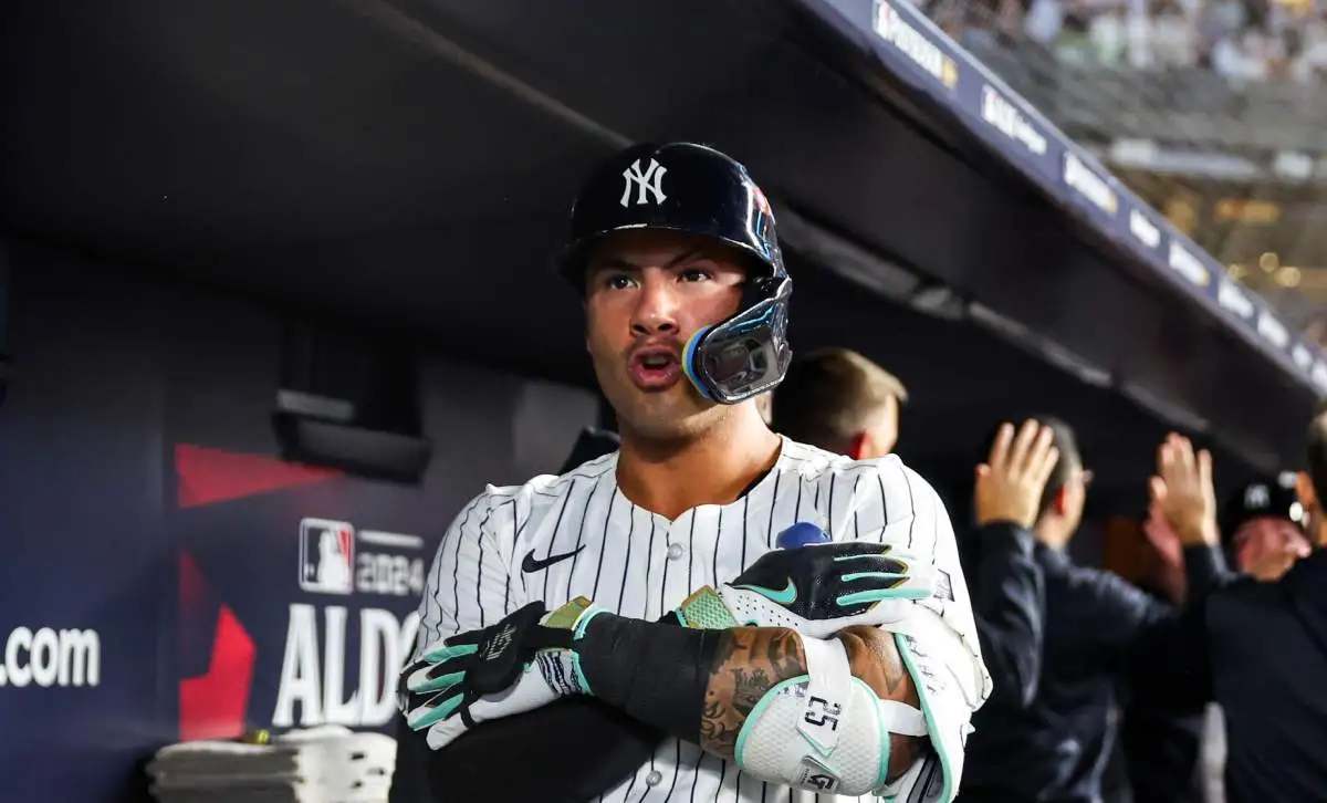 Yankees' Gleyber Torres reacts after hitting a two-run home run against the Royals, on Oct. 5, 2024