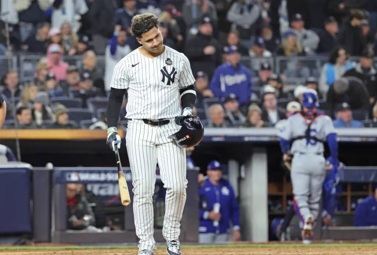 New York Yankees second baseman Gleyber Torres reacts after striking out to end the seventh inning of World Series Game 3 on October 28, 2024, at Yankee Stadium.