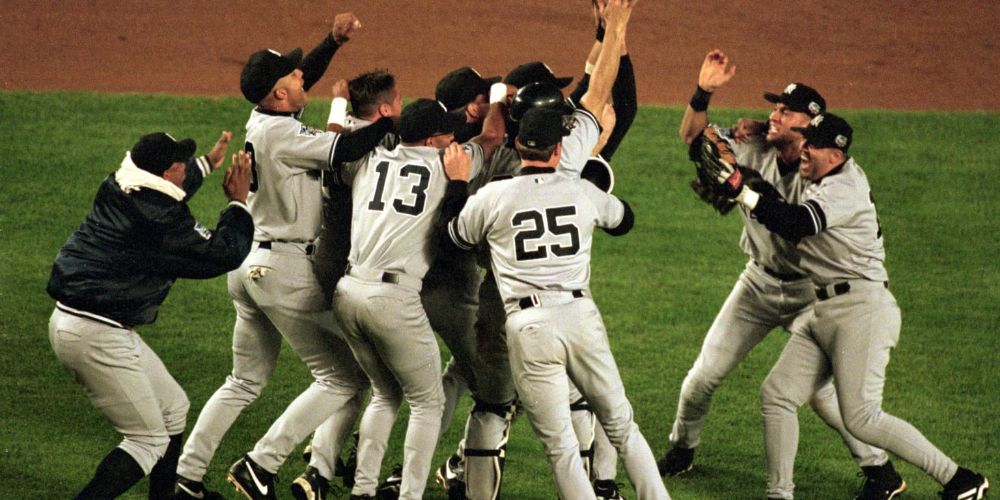 The Yankees are celebrating during a win in the 2000 World Series.