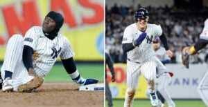 Jazz Chisholm and Anthony Rizzo react after failed base stealing attempts during the Yankees' ALCS Game 2 win over the Guardians at Yankee Stadium on Oct. 15, 2024.