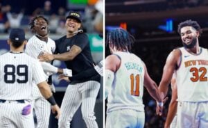 Yankees' Jazz Chisholm celebrates with Luis Gil during a 2024 game (left), Knicks players in action during a 2023 NBA game (right).