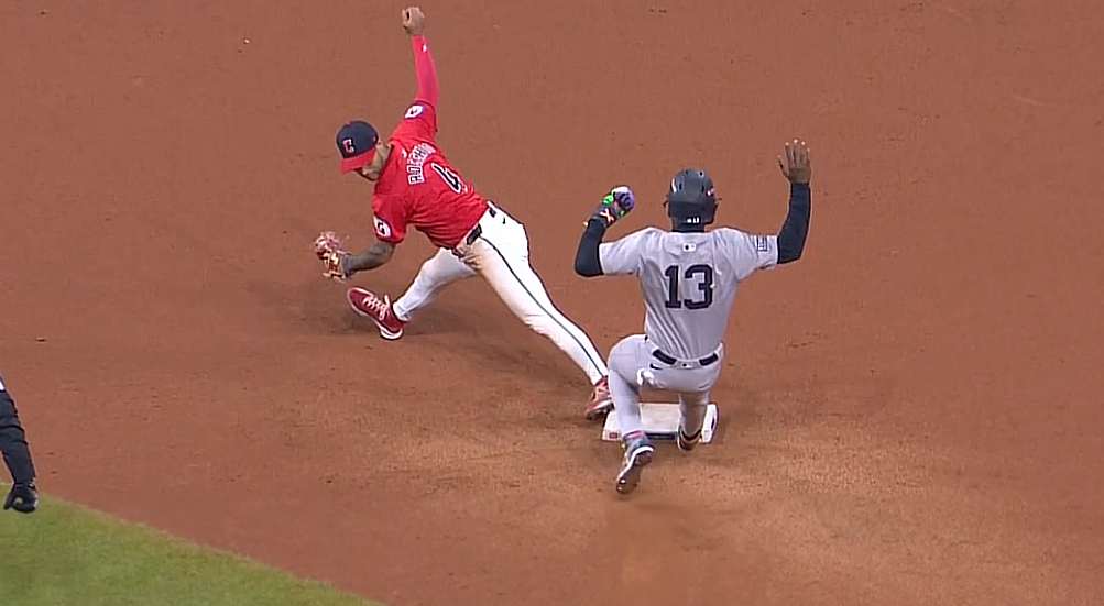 Jazz Chisholm Jr. during a tense moment in Game 4 of the ALCS against the Guardians, with Emmanuel Clase on the mound, October 20, 2024.