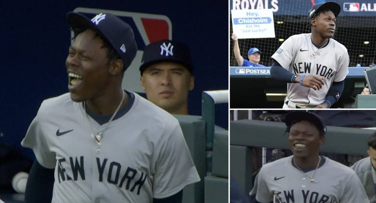 Yankees' star Jazz Chisholm reacts to boos by the Royals' fans at Kauffman Stadium in ALDS Game 3, October 9, 2024.