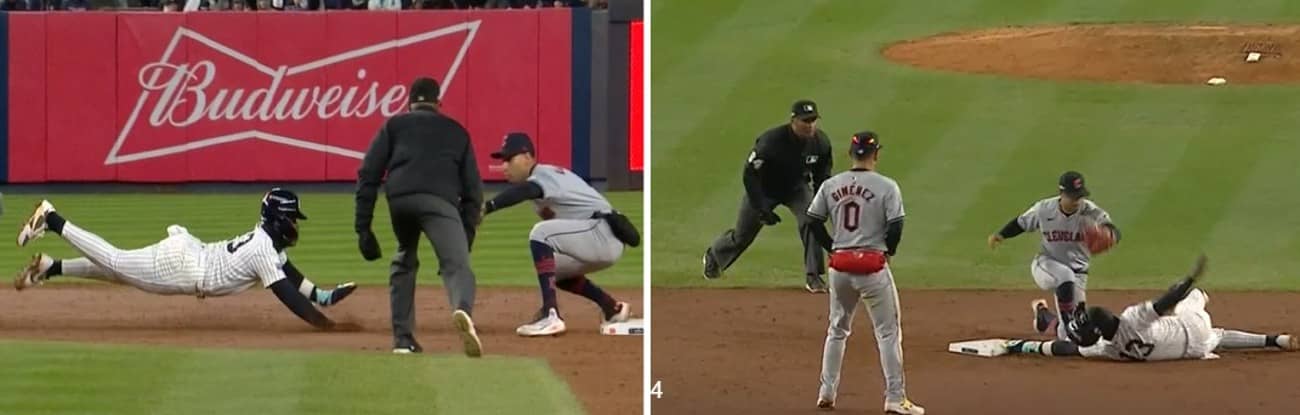 Jazz Chisholm is tagged while trying to steal a base during the Yankees' ALCS Game 2 win over the Guardians at Yankee Stadium on Oct. 15, 2024.