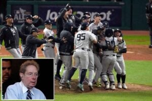 The New York Yankees celebrate after beating the Guardians 5-2 to win ALCS Pennant after a gap of 15 years in Cleveland on October 19, 2024. (inset: John Sterling)