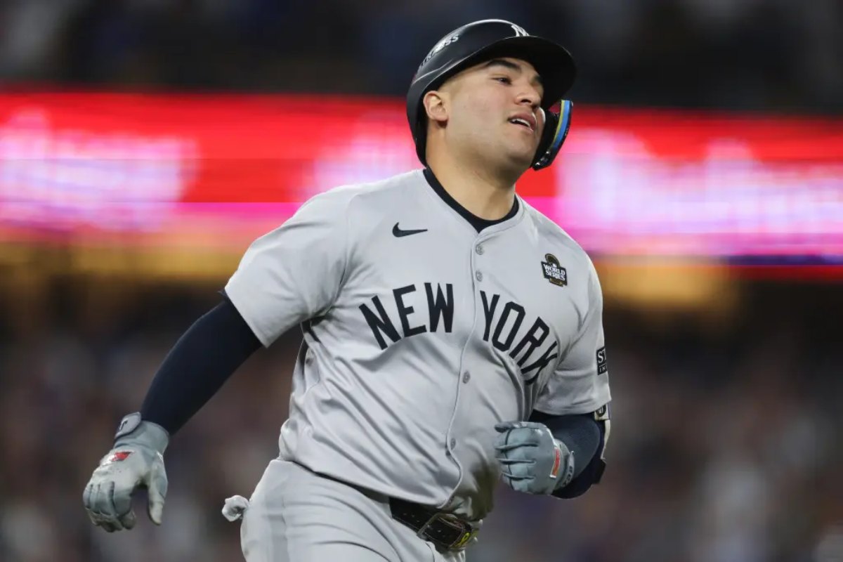 Jose Trevino wears an exasperated expression after flying out to center field with the bases loaded in the ninth inning to end the game in the Yankees’ Game 2 loss, Oct. 26, 2024.