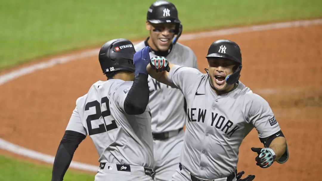 Giancarlo Stanton celebrates with Juan Soto during the Yankees win in game 4 of alcs, on oct 18, 2024