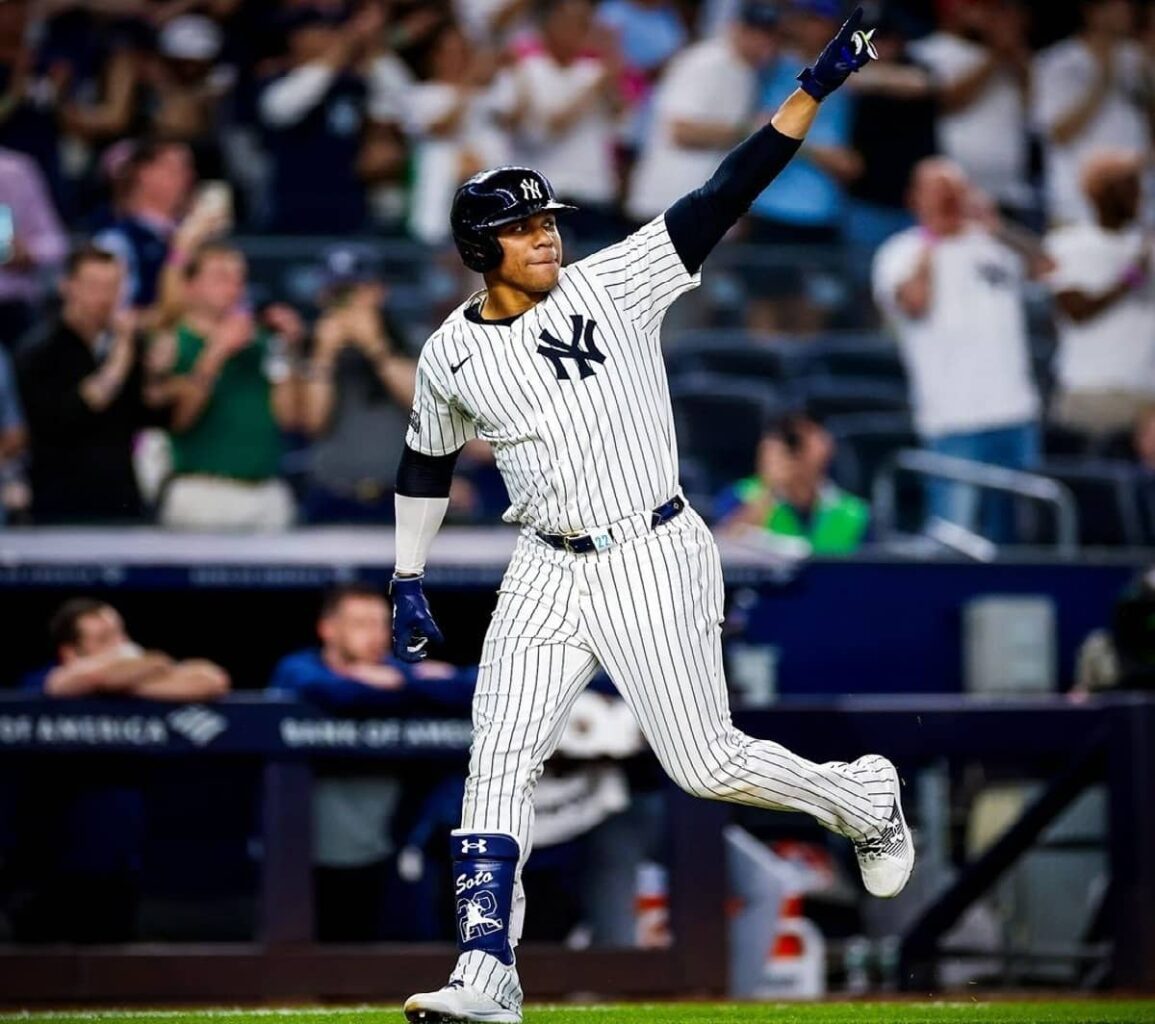 Yankees' slugger Juan Soto reacts after a run against the Mariners at Yankee Stadium, May 23, 2024.