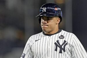 New York Yankees’ Juan Soto reacts after flying out against the Los Angeles Dodgers during the eighth inning in Game 3 of the baseball World Series, Monday, Oct. 28, 2024, in New York.