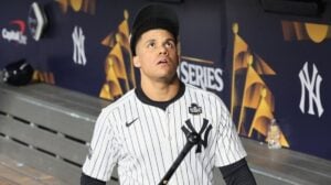 Yankees' slugger Juan Soto reacts in the dugout as the team lost the World Series to the Dodgers in New York on Oct. 30, 2024.