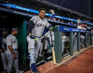 Juan Soto awaits for his turn at Kauffman Stadium during the New York Yankees' 3-1 victory over the Kansas City Royals in ALDS Game 4 on Oct. 10, 2024.