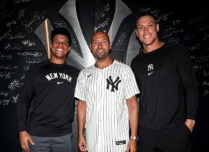 Yankees' legend Derek Jeter with Juan Soto and Aaron Judge at Yankee Stadium on the eve of 2009 Old-Timers Day on Aug. 24, 2024.