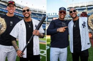 WWE superstar Damian Priest is with Yankees superstars Aaron Judge and Juan Soto at Yankee Stadium on April 10, 2024.