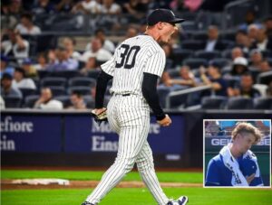 Yankees' closer Luke Weaver reacts after his save against the Royals on Oct. 5, 2024. Inset: He was with the Royals in 2022.