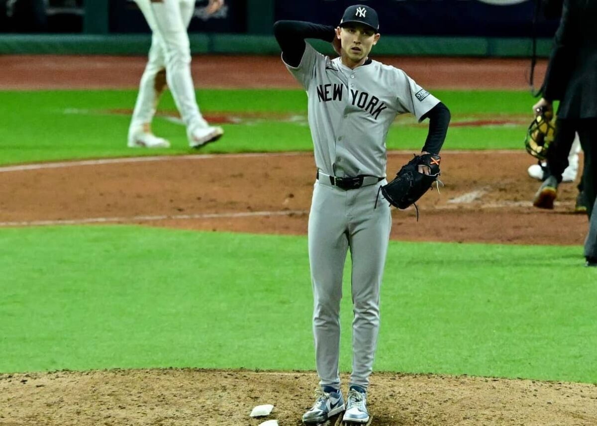 Yankees' closer Luke Weaver reacts during the loss to the Guardians in ALCS Game 3 in Cleveland on October 17, 2024.