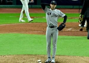 Yankees' closer Luke Weaver reacts during the loss to the Guardians in