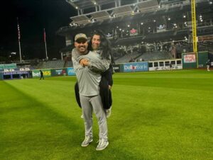 Nestor Cortes and wife celebrate the Yankees' ALCS win at Progressive Field after beating the Guardians on on October 19, 2024.