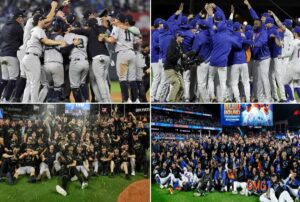 The New York Yankees celebrate their move on to the ALCS after defeating the Royals 3-1 on, Oct. 10, 2024, in Kansas City, Mo. The Mets celebrate their move to NLCS after beating the Phillies on Oct. 9, 2024, in Citi Field, New York.