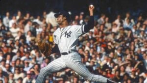 Rudy May, #45 of the New York Yankees, pitches during a Major League Baseball game circa 1981 at Yankee Stadium in the Bronx borough of New York City. May played for the Yankees from 1974 to 76 and 1980 to 83.